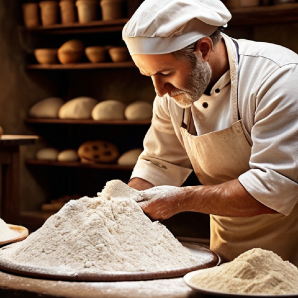 **Image of Baking:** A baker carefully choosing flour, with various types of flour displayed. Focus on warm lighting and the rustic feel of a traditional bakery.