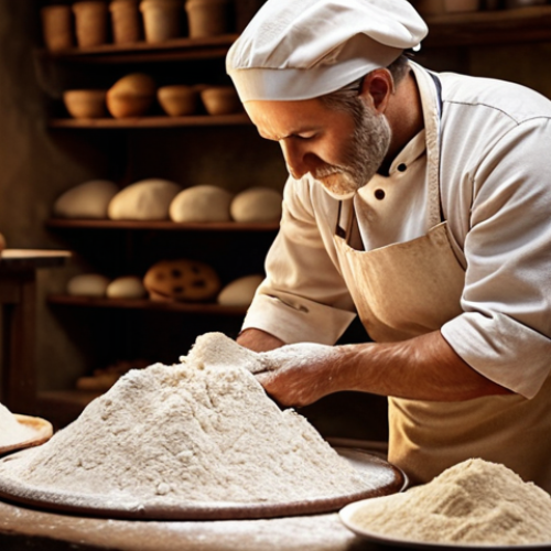 Home 11 **Image of Baking:** A baker carefully choosing flour, with various types of flour displayed. Focus on warm lighting and the rustic feel of a traditional bakery.