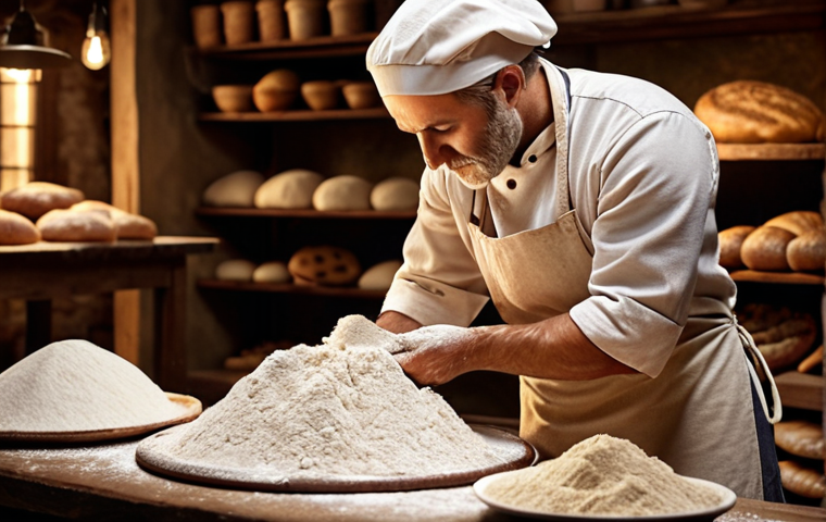 **Image of Baking:** A baker carefully choosing flour, with various types of flour displayed. Focus on warm lighting and the rustic feel of a traditional bakery.