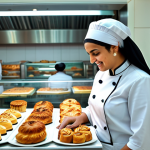 Modern Bakery Scene**

"A bustling, brightly lit bakery in Dubai, filled with the aroma of fresh bread and pastries. A fully clothed female baker in a modest, professional chef's uniform is smiling as she arranges colorful Arabic sweets like Ma'amoul and Baklava on a display case. The background features traditional Arabic patterns and designs, with customers browsing. Safe for work, appropriate content, fully clothed, professional, perfect anatomy, natural proportions, family-friendly. High-resolution photography, warm lighting."

**