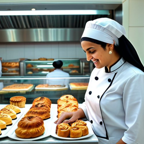 Home 6 Modern Bakery Scene**
"A bustling, brightly lit bakery in Dubai, filled with the aroma of fresh bread and pastries. A fully clothed female baker in a modest, professional chef's uniform is smiling as she arranges colorful Arabic sweets like Ma'amoul and Baklava on a display case. The background features traditional Arabic patterns and designs, with customers browsing. Safe for work, appropriate content, fully clothed, professional, perfect anatomy, natural proportions, family-friendly. High-resolution photography, warm lighting."
**
