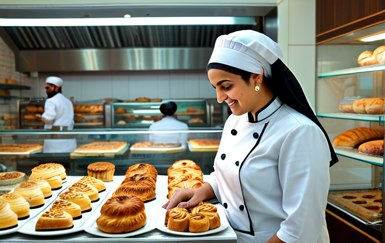 Modern Bakery Scene**

"A bustling, brightly lit bakery in Dubai, filled with the aroma of fresh bread and pastries. A fully clothed female baker in a modest, professional chef's uniform is smiling as she arranges colorful Arabic sweets like Ma'amoul and Baklava on a display case. The background features traditional Arabic patterns and designs, with customers browsing. Safe for work, appropriate content, fully clothed, professional, perfect anatomy, natural proportions, family-friendly. High-resolution photography, warm lighting."

**