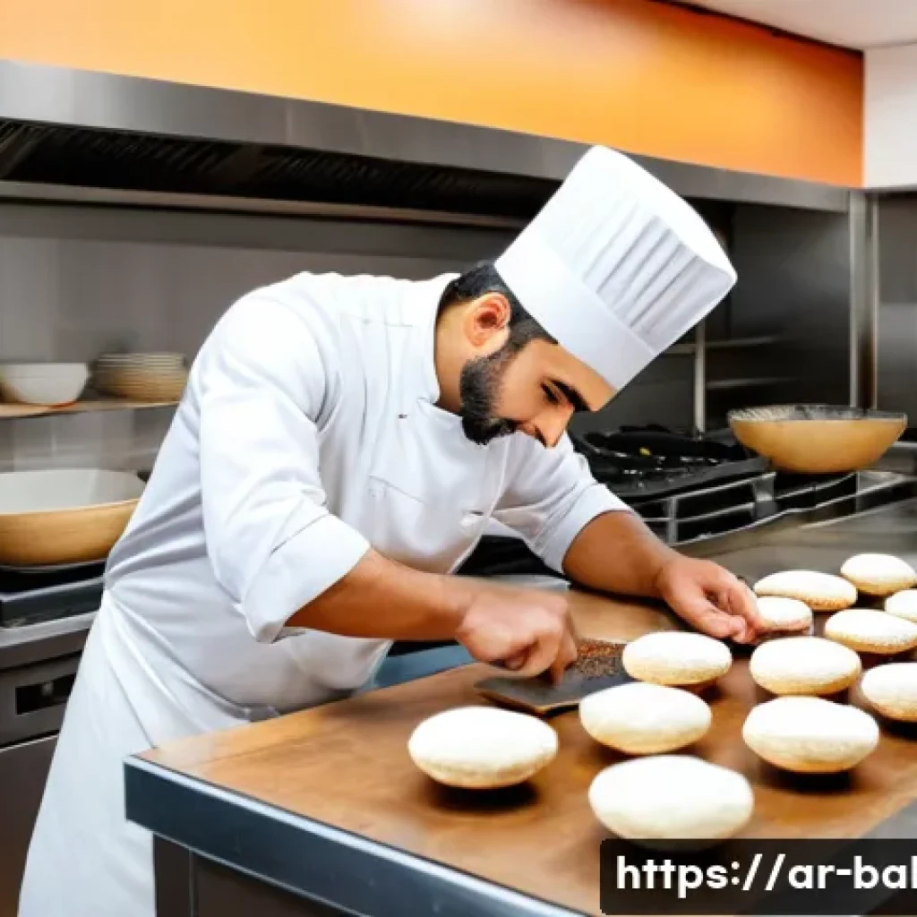 제과제빵 실기 시험 필수 준비물 - A professional Middle Eastern pastry chef in a bright, well-organized kitchen workspace, wearing a c...