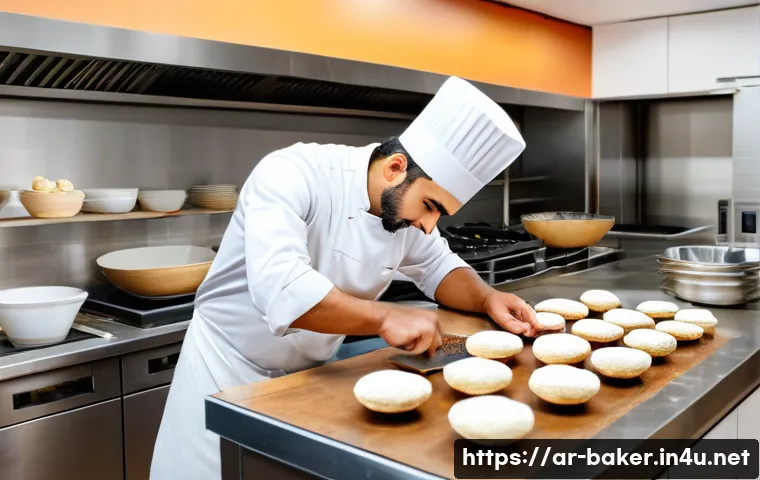 제과제빵 실기 시험 필수 준비물 - A professional Middle Eastern pastry chef in a bright, well-organized kitchen workspace, wearing a c...