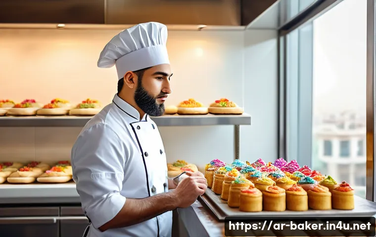 제과제빵 자격증 취득 후 연봉 협상 팁 - A professional Middle Eastern pastry chef in a modern bakery kitchen, wearing clean white chef&rsquo;s uni...
