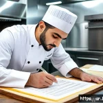 제과제빵 필기 시험 기출문제 정리 - A professional Middle Eastern pastry chef wearing a traditional white chef uniform and hat, carefull...