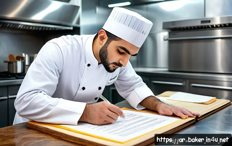 제과제빵 필기 시험 기출문제 정리 - A professional Middle Eastern pastry chef wearing a traditional white chef uniform and hat, carefull...