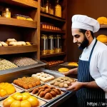 제과제빵 산업 동향과 전망 - A vibrant bakery scene in a modern Middle Eastern setting, showcasing a diverse array of baked goods...