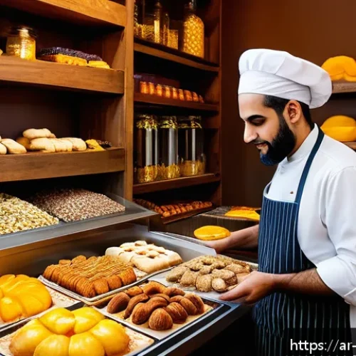 제과제빵 산업 동향과 전망 - A vibrant bakery scene in a modern Middle Eastern setting, showcasing a diverse array of baked goods...