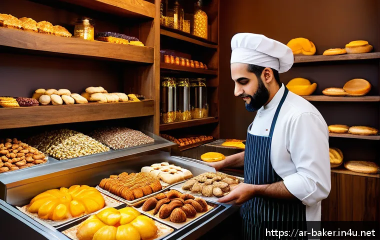 제과제빵 산업 동향과 전망 - A vibrant bakery scene in a modern Middle Eastern setting, showcasing a diverse array of baked goods...