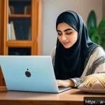 제과제빵 자격증 시험 일정 확인법 - A detailed, culturally rich scene of an Arab young adult woman sitting at a modern desk in a cozy ho...