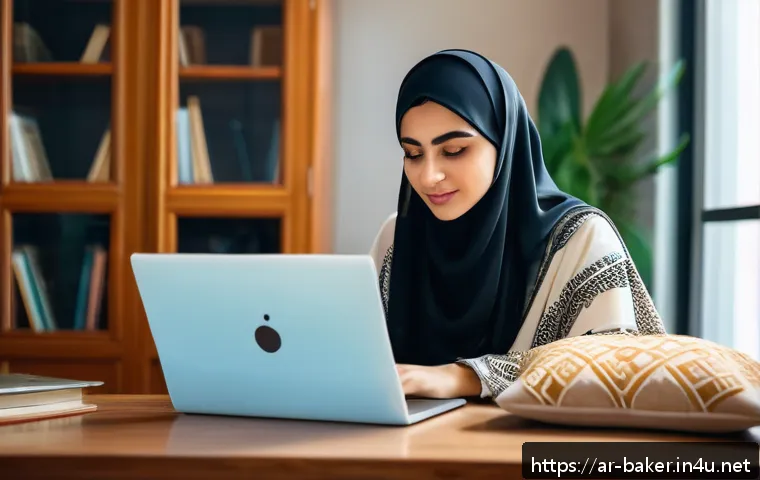 제과제빵 자격증 시험 일정 확인법 - A detailed, culturally rich scene of an Arab young adult woman sitting at a modern desk in a cozy ho...