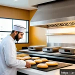 제과제빵 실기 시험 장비 사용법 - A modern bakery laboratory setting in an Arab kitchen, featuring a professional baker wearing clean ...