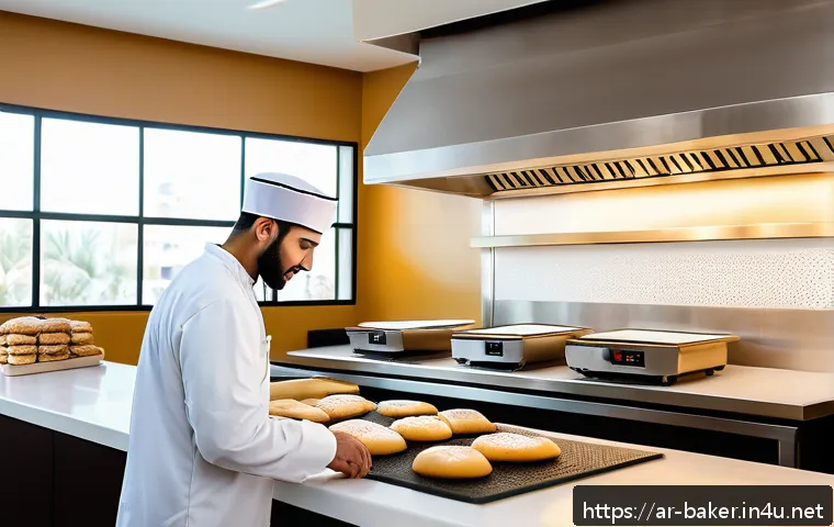 제과제빵 실기 시험 장비 사용법 - A modern bakery laboratory setting in an Arab kitchen, featuring a professional baker wearing clean ...