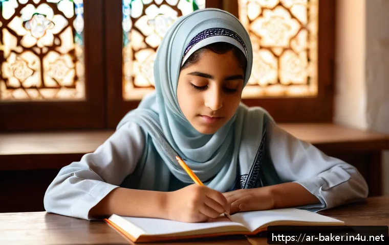 제과제빵 시험 도중 긴장감 극복법 - A serene study room scene featuring a young Middle Eastern student in modest attire sitting calmly a...
