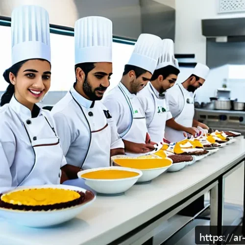 제과제빵 학원 선택 기준 - A modern pastry school classroom in a Middle Eastern setting, featuring diverse students wearing pro...