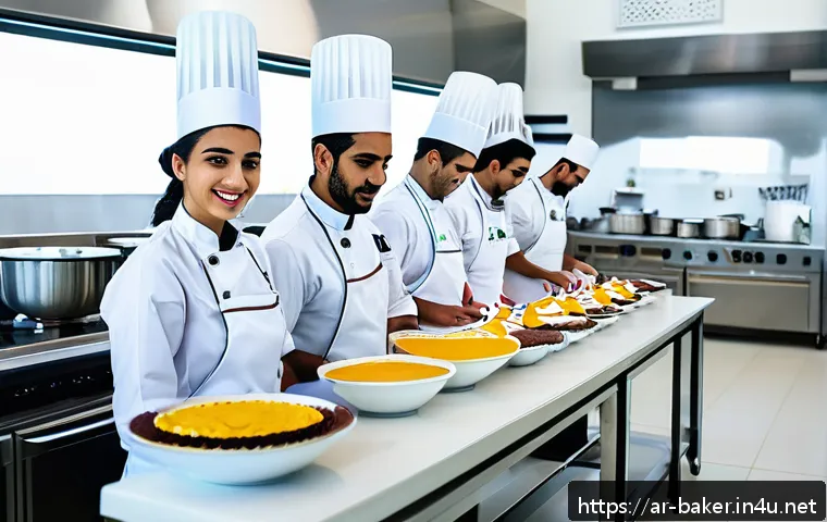 제과제빵 학원 선택 기준 - A modern pastry school classroom in a Middle Eastern setting, featuring diverse students wearing pro...