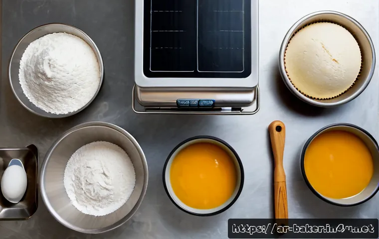 제과제빵 필수 실기 장비 정리 - Photorealistic overhead flat lay of essential pastry and baking practical equipment neatly arranged ...